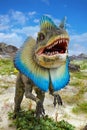 A large Tyrannosaurus dinosaur with a beautiful blue color near the head. Landscape from the time of dinosaurs