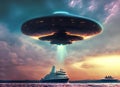 large UFOs abducting ship against cloudy sky in evening. Generative AI Royalty Free Stock Photo