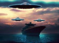 large UFOs abducting ship against cloudy sky. Generative AI Royalty Free Stock Photo