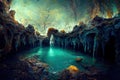 Large underground cave with a rocky path and stream feeding a small lake Royalty Free Stock Photo