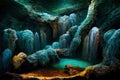 Large underground cave with a rocky path and stream feeding a small lake Royalty Free Stock Photo