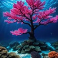 large underwater Christmas tree made of coral and Creative dark ocean New Year