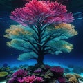 large underwater Christmas tree made of coral and Creative dark ocean New Year