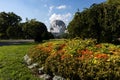 Unisphere Globe and Beautiful Flowers at Flushing Meadows Corona Park during the Summer in Flushing Queens of New York City Royalty Free Stock Photo