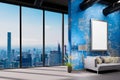 large urban skyline loft office with blue wall and white canvas copy space in front of panoramic window skyline view, 3D