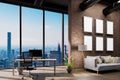 large urban skyline loft office with red brickstone wall and white canvas mock up copy space panoramic window skyline view, 3D