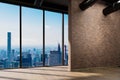 large urban skyline loft office with red brickstone wall and white canvas mock up cozy vintage interior and modern workspace at