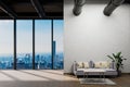 large urban skyline loft office with white wall and canvas mock up copy space panoramic window skyline view, 3D Illustration