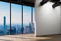 large urban skyline loft office with white wall and canvas mock up copy spacepanoramic window skyline view, 3D Illustration