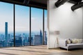 large urban skyline loft office with white wall and canvas mock up copy spacepanoramic window skyline view, 3D Illustration