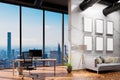 large urban skyline loft office with white wall and canvas mock up copy spacepanoramic window skyline view, 3D Illustration