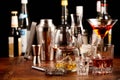 Large variety of alcoholic beverages on a bar Royalty Free Stock Photo