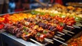 A large variety of meat and vegetables on skewers, AI