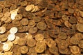 A large variety of Russian five-kopeck coins. Close up Royalty Free Stock Photo