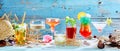 Large variety of tropical cocktails in a panorama