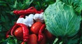 Large variety of vegetables prepared for pickles. Assortment of cabbage, red tomatoes, hot peppers, garlic and celery. Mixed