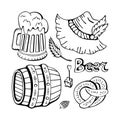 Large vector set line art hand drawn Doodle cartoon set Oktoberfest themed elements, objects and symbols. Isolated objects on Royalty Free Stock Photo