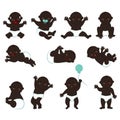 Large vector set of poses and moods of a dark-skinned baby boy in diapers. Cliparts of a bald little kid with black skin, Royalty Free Stock Photo