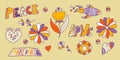 A large vector set of retro groove elements from the 70s, cute stickers in the funky hippie style. Royalty Free Stock Photo