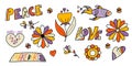 A large vector set of retro groove elements from the 70s, cute stickers in the funky hippie style.