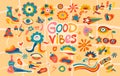 A large vector set of retro groove elements from the 70s, cute stickers in the funky hippie style.