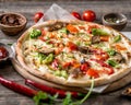 Large vegeterian pizza with sauces and pepper Royalty Free Stock Photo