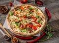 Large vegeterian pizza with sauces and pepper Royalty Free Stock Photo