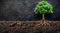 Large verdant tree with visible roots below on neutral background, ideal for text placement