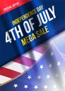 Large vertical poster Celebrate Happy 4th of July - Independence Day. Mega sale with sticker 50 off and USA flag. National America