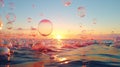 Large, vibrant bubbles on the ocean\'s edge reflecting the setting sun