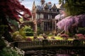 a large victorian mansion surrounded by lush gardens in full bloom Royalty Free Stock Photo