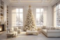 Large view of a modern cream style living room with Christmas decorations, tree and Christmas gifts