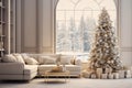 Large view of a modern cream style living room with Christmas decorations, tree and Christmas gifts Royalty Free Stock Photo