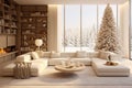 Large view of a modern cream style living room with Christmas decorations, tree and Christmas gifts Royalty Free Stock Photo