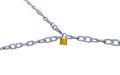 Large View of Three Long Chains with Big Links Locked with a Pad
