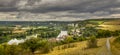 Large view by wide angle on small typical village close to the Seine River near Rouen in France. Nice countryside panorama