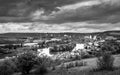 Large view by wide angle on small typical village close to the Seine River near Rouen in France. Nice countryside panorama Royalty Free Stock Photo