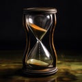 Large vintage hourglass close-up on a black background,