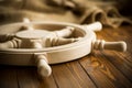 Large vintage steering wheel on a wooden table