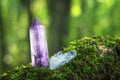 Large violet lilac quartz crystal on the background of autumn moss and foliage. Beautiful gem chalcedony in sunshine