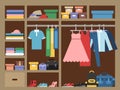 Large wardrobe with different clothes. Vector illustration in flat style