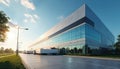 Large warehouse building with trucks at dock stations. Logistics facility structure with modern architecture. Commercial freight Royalty Free Stock Photo