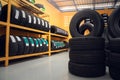 Large warehouse of car tires, rack with customer car tires in warehouse of a tire dealer Royalty Free Stock Photo