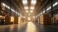 Large warehouse interior filled with stacked boxes and a forklift in the background. Royalty Free Stock Photo