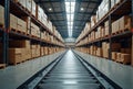Large warehouse interior with multiple shelves. Rows filled with cardboard boxes. Conveyor belt runs between the shelves. Royalty Free Stock Photo