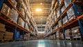 Large warehouse interior with rows of shelves filled with boxes Royalty Free Stock Photo