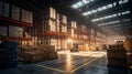 Large warehouse interior with stacked pallets and clear walkways. Concept of distribution center, supply chain Royalty Free Stock Photo