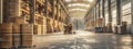 Large warehouse interior with stacked pallets in warm lighting Royalty Free Stock Photo