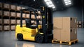 Large warehouse with machinery forklift with box on pallet, logistic interior, Generative AI