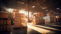 Large warehouse with many goods. Rows of shelves with boxes. Logistics. Inventory control, order fulfillment or space optimization